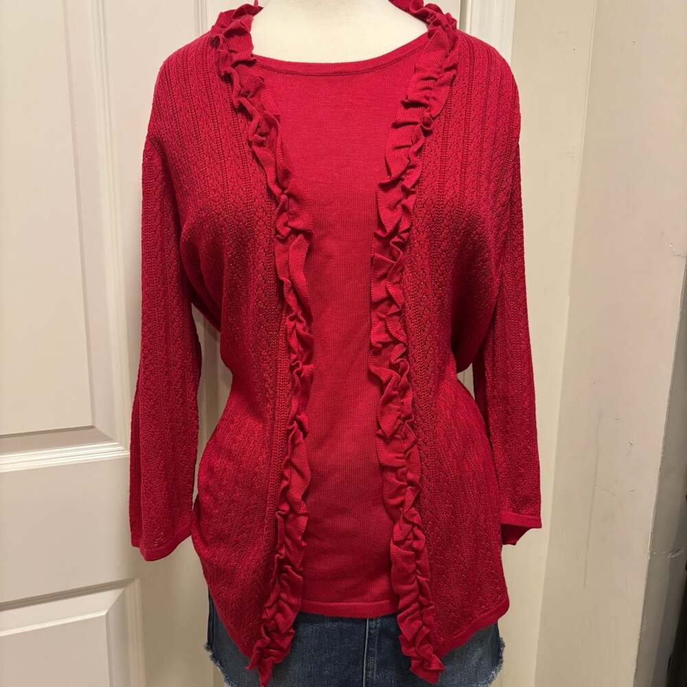 Sag Harbor Woman Red Ruffle Open Front Cardigan Sweater